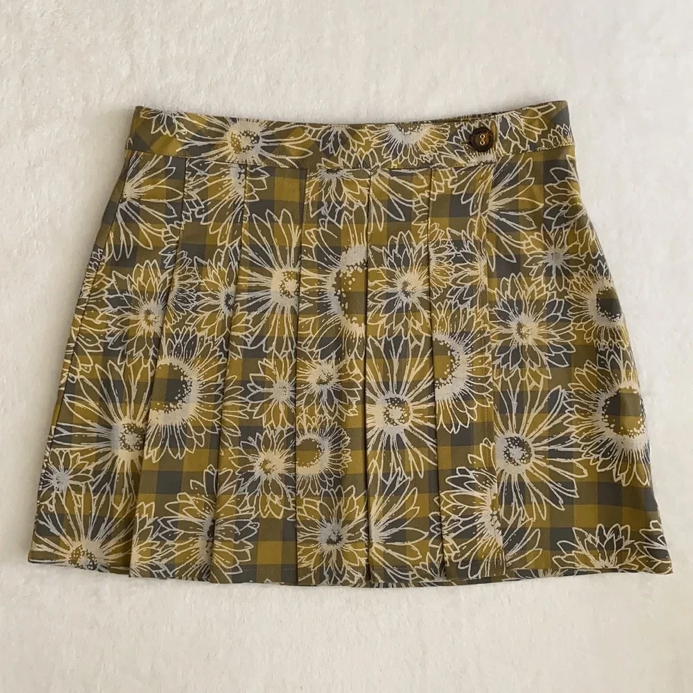 Urban Outfitters | Boho Dark Academia Pleated Plaid Floral Mini Wrap Front Skirt - Picture 3 of 16